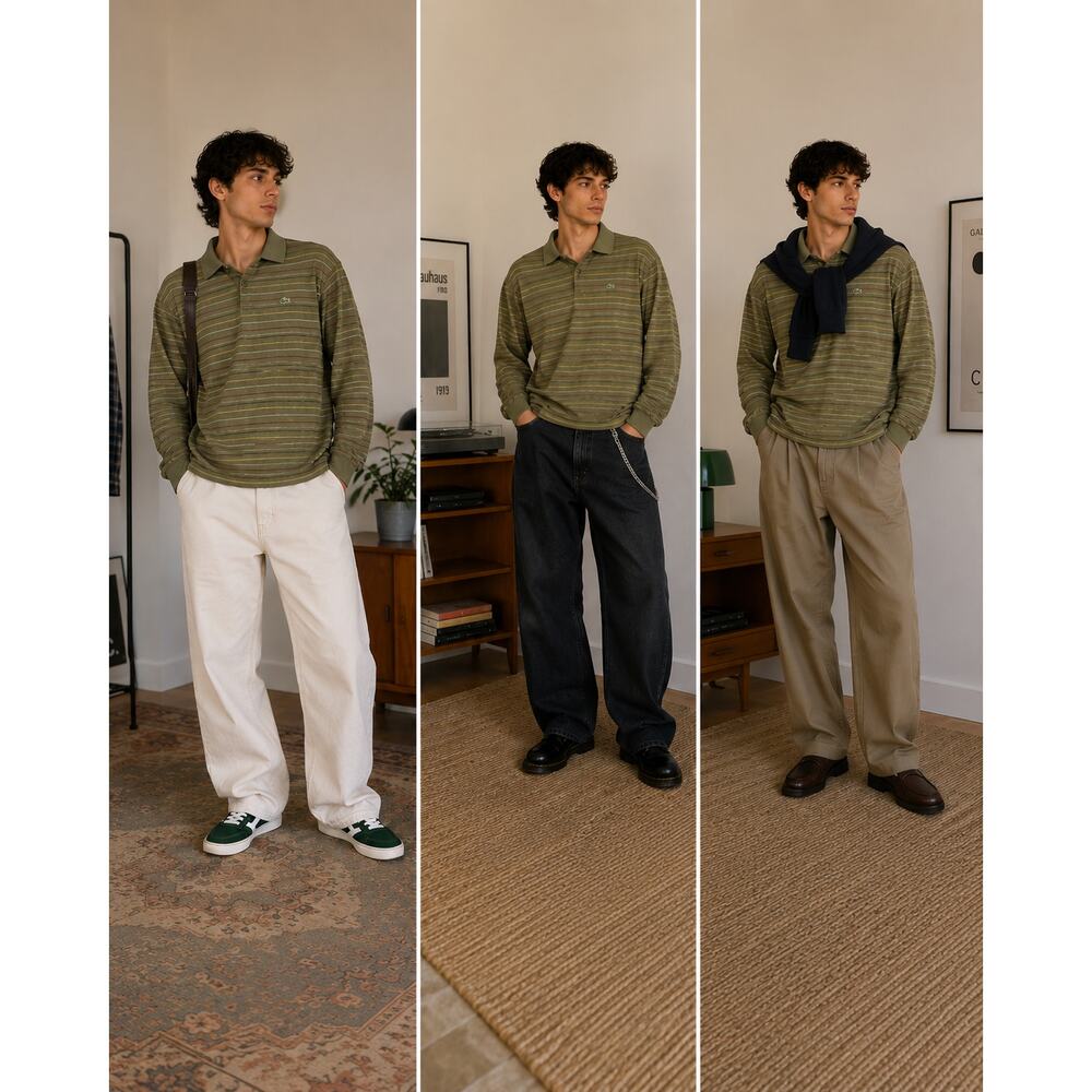Vintage Lacoste Olive Stripe Long Sleeve Polo Shirt Made in France Size 6